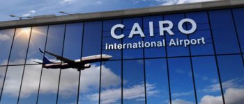 Jet aircraft landing at Cairo, Egypt 3D rendering illustration. Arrival in the city with the glass airport terminal and reflection of the plane. Travel, business, tourism and transport conce